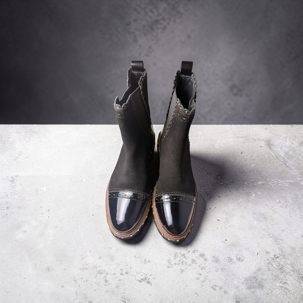 Free People Black Suede Patent Leather Studded Scalloped Chelsea Boots 38.5